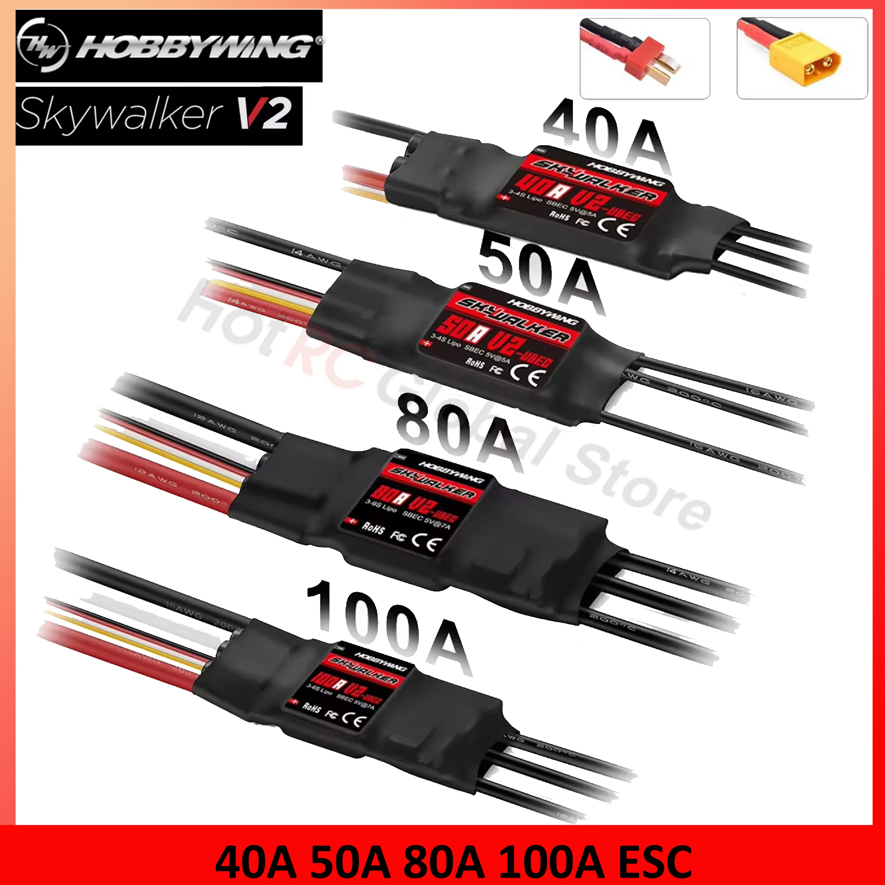 Brushed Drone Motor - Hobbywing-Skywalker escスピードコントローラー,rc fpvドローン,クワッドコプター飛行機,v2シリーズ,40a,50a,80a,100a,t xt60プラグ