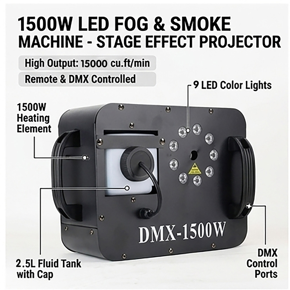 1500W フォグスモークマシン RGB 9X3W LED  - Smoke Stopper のレビューと価格